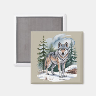 Retro Winter Wolf Watercolor 90's Wildernis Natuur Magneet
