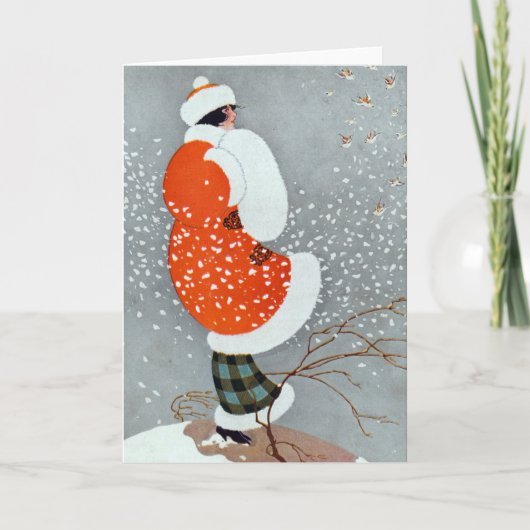  retro wintervrouw sneeuwrood grijs wit kaart (Voorkant)