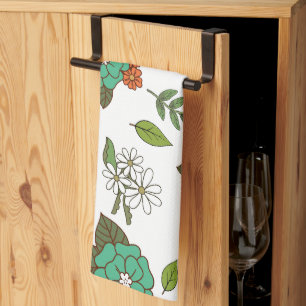 Retro Wit en Groen Bloemmotief Theedoek