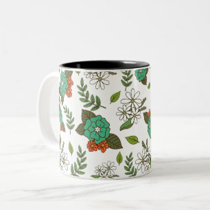 Retro Wit en Groen Bloemmotief Tweekleurige Koffiemok
