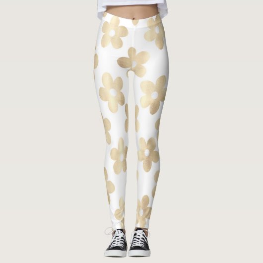 Retro Wit Goud Daisy Bloemen Leggings (Voorkant)