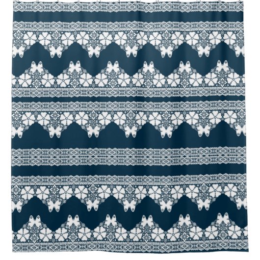 Retro wit kant met vlinders op een donkerblauwe b douchegordijn (Voorkant)