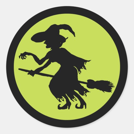 Retro Witch op Broom Silhouette Ronde Sticker (Voorkant)