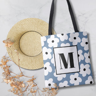 Retro Witte Bloemen Aangepaste Monogram Draagtas