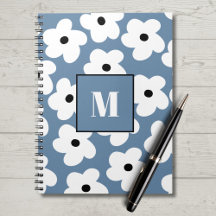 Retro Witte Bloemen Aangepaste Monogram Notitieboe