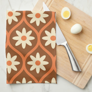 Retro witte bloemen op bruin midden eeuw Ogee Theedoek