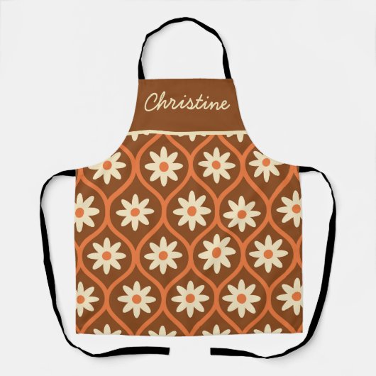 Retro Witte Bloemen op Bruin Ogee Custom Schort (Voorkant)