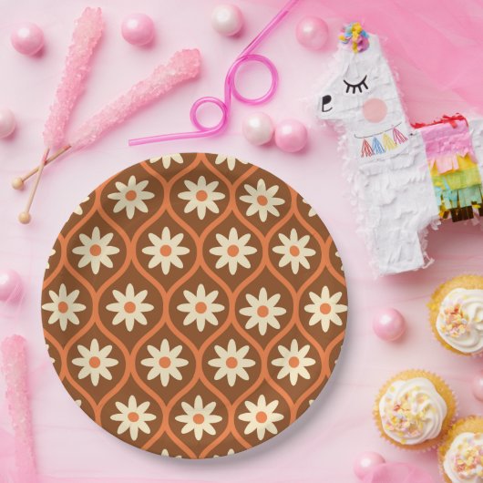 Retro Witte Bloemen op Bruin  Ogee Papieren Bordje (Feest)