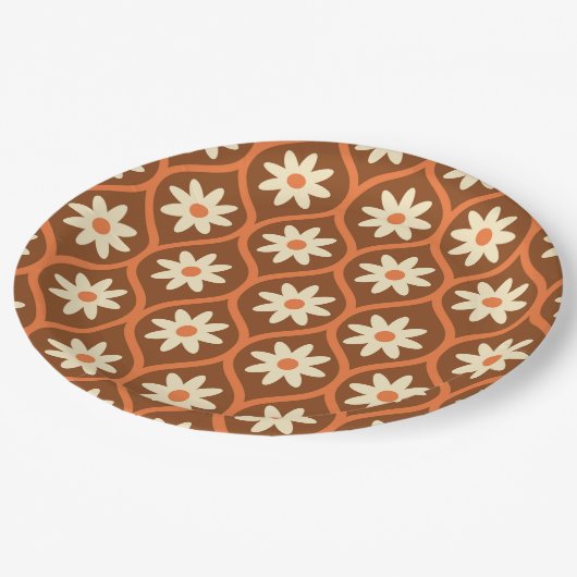 Retro Witte Bloemen op Bruin Ogee Papieren Bordje (Gekanteld)