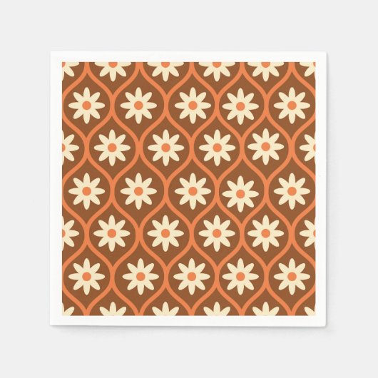 Retro Witte Bloemen op Bruin  Ogee Servet (Voorkant)