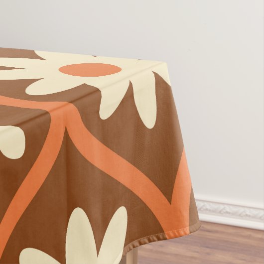 Retro Witte Bloemen op Bruin Ogee Tafelkleed (Voorbeeld)