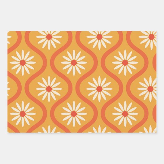 Retro witte bloemen op midden eeuw Sinaasappel Oge Inpakpapier Vel (Voorkant)