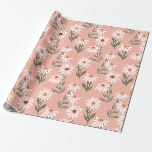 Retro Witte Daisy Cadeaupapier (Uitgerold)