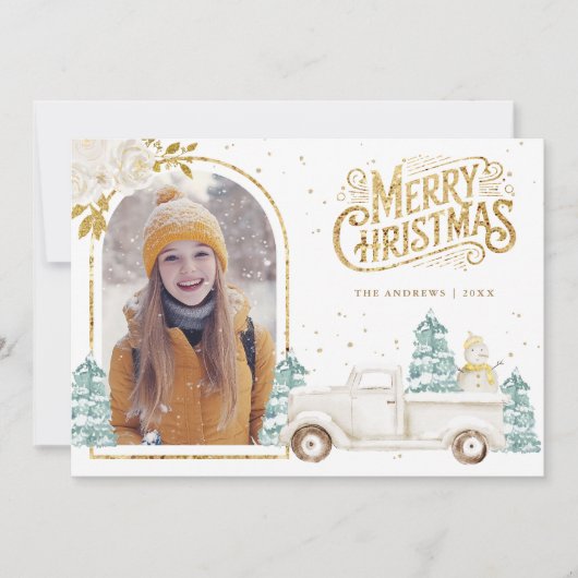 Retro Witte Vrachtwagen Sneeuwman Gouden Kerstfoto Feestdagenkaart (Voorkant)