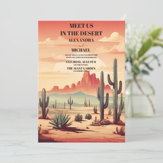 Retro woestijn cactus geïllustreerde bruiloft kaart (Staand voorkant)