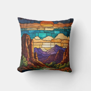 Retro woestijn scène Sedona bergen glas-in-lood ku Kussen