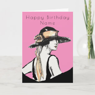 Retro Woman Black Pet Art Deco Pink Birthday Kaart