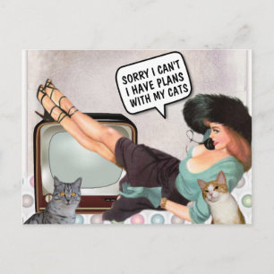 RETRO WOMAN SORRY CAN'T PLANS WITH CATS POSTCARDS BRIEFKAART