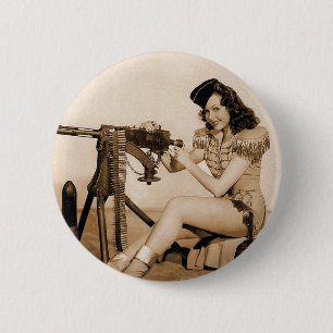  Retro Women Machine Gunner Girl Ronde Button 5,7 Cm