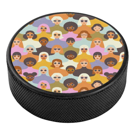 Retro Women of the World Pattern Hockey Puck (3/4)