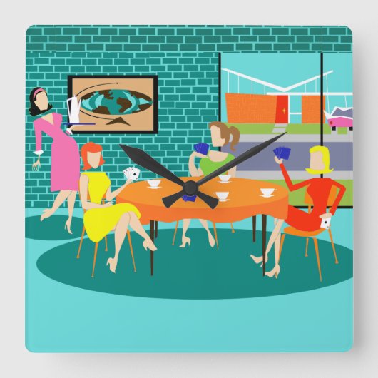 Retro Women's Kaart Game Wall Clock Vierkante Klok (Voorkant)