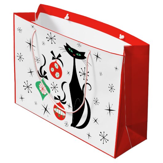 Retro Xmas Kat rood Groot Cadeauzakje (Achterkant Gekanteld)