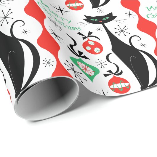 Retro Xmas Kat Streep Vrolijk Kerstfeest Cadeaupapier (Rol Hoek)