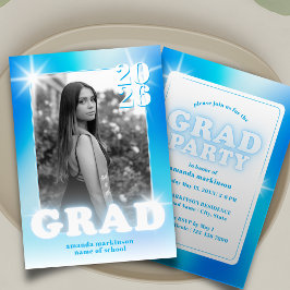 Retro Y2K Cyber Blue Neon Graduation Photo Party Kaart