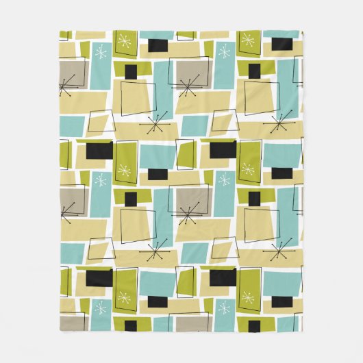 Retro Yellow Blue Abstract Squares Midden Centraal Fleece Deken (Voorkant)