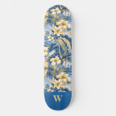 Retro Yellow Blue Floral n Tropical Palms Initial  Skateboard (Voorkant)