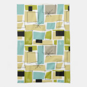 Retro Yellow Blue Squares Starburst midden eeuw Theedoek (Verticaal)