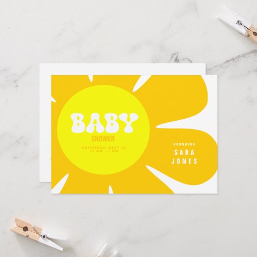 Retro Yellow Flower Baby shower Kaart (Voorkant / Achterkant in situ)