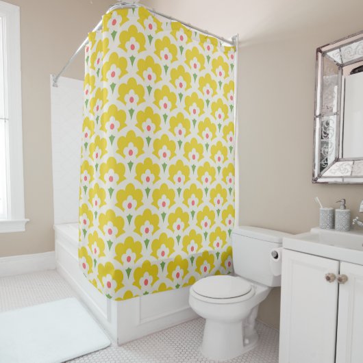 Retro Yellow Flower Garden Pattern Douchegordijn (In situ)