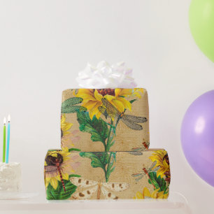 Retro Yellow Sunflower Dragonflies Insect Cadeaupapier