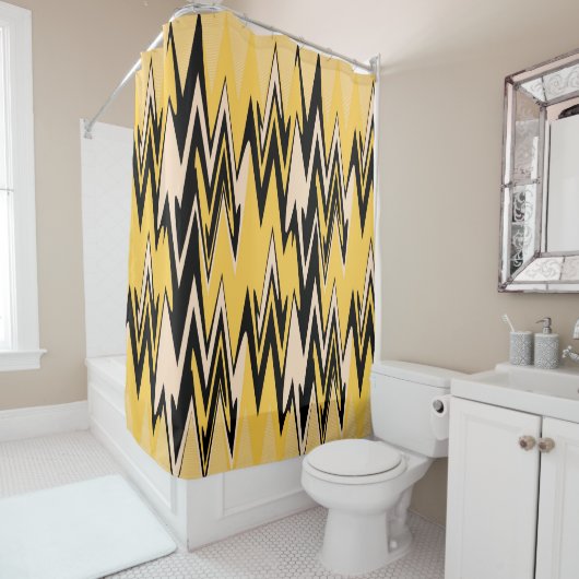Retro Yellow, zwart zigzap Abstract art deco Douchegordijn (In situ)