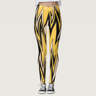 Retro Yellow, zwart zigzap Abstract art deco Leggings