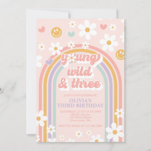 Retro Young Wild and Three Birthday Invitation Kaart