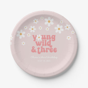 Retro Young Wild drie Daisy bloem 3e verjaardag Papieren Bordje