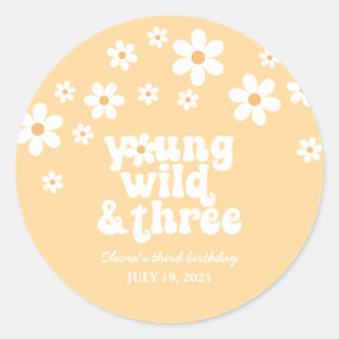Retro Young Wild drie Daisy bloem 3e verjaardag Ronde Sticker