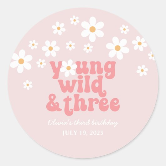Retro Young Wild drie Daisy floral 3rd jarig Ronde Sticker (Voorkant)