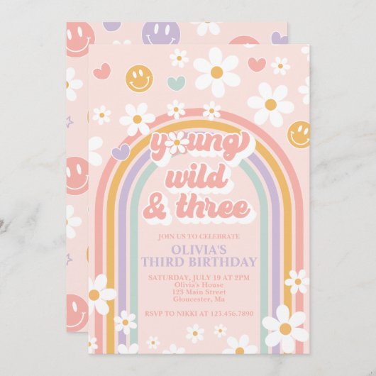 Retro Young Wild et Three Birthday Invitation (Devant / Derrière)