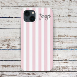 Retro Zachte Roze en Witte Striped Custom C iPhone 13 Hoesje