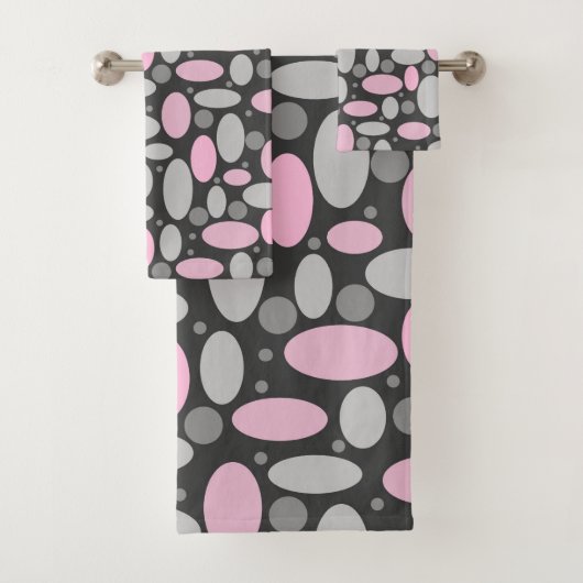 retro, zestig, polka dots, grijs en roze bad handdoek (Insitu)