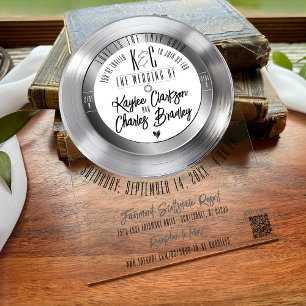 Retro Zilver Vinyl Record Muziek Thema Wedding Arc Acryl Uitnodigingen