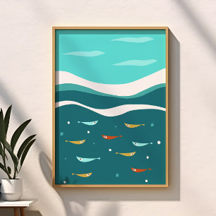 Retro Zomer Oceaan Golven Mid Century Modern Poster