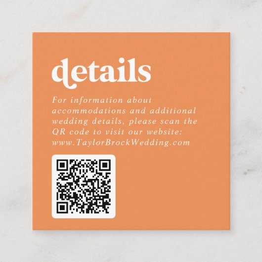Retro Zomer | Oranje QR-code trouwgegevens Informatiekaartje (Voorkant)