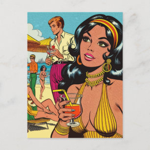 Retro Zomer Strand Meisje Strips Briefkaart