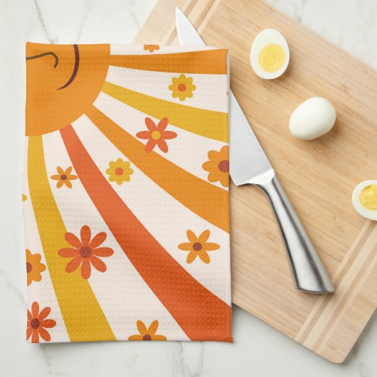 Retro zon met hippie bloemen zonneschijn theedoek (Quarter Fold)
