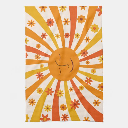 Retro zon met hippie bloemen zonneschijn theedoek (Verticaal)