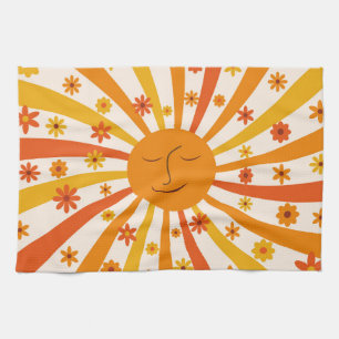 Retro zon met hippiebloemen zonneschijn theedoek